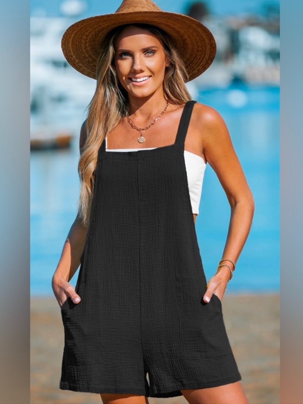Cupshe Black Romper Sleeveless Cotton Cover-Up Onesie Overall